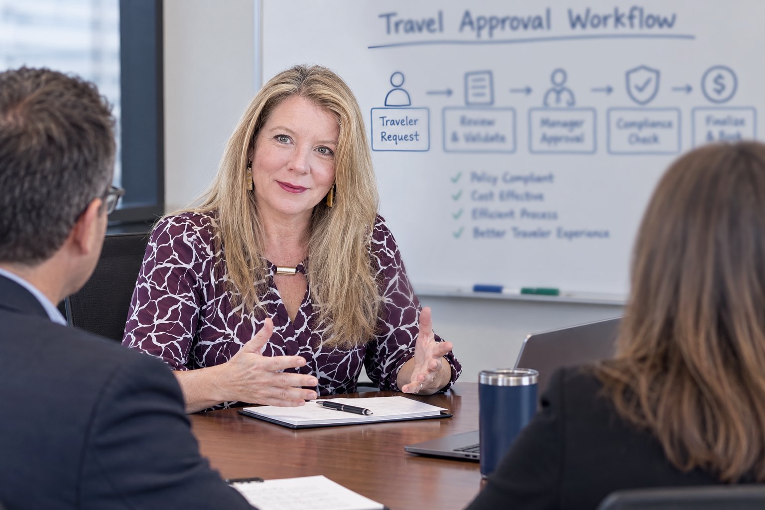 Elizabeth Downs at a conference table, mid-conversation with two colleagues, a travel approval workflow sketched on the whiteboard behind her