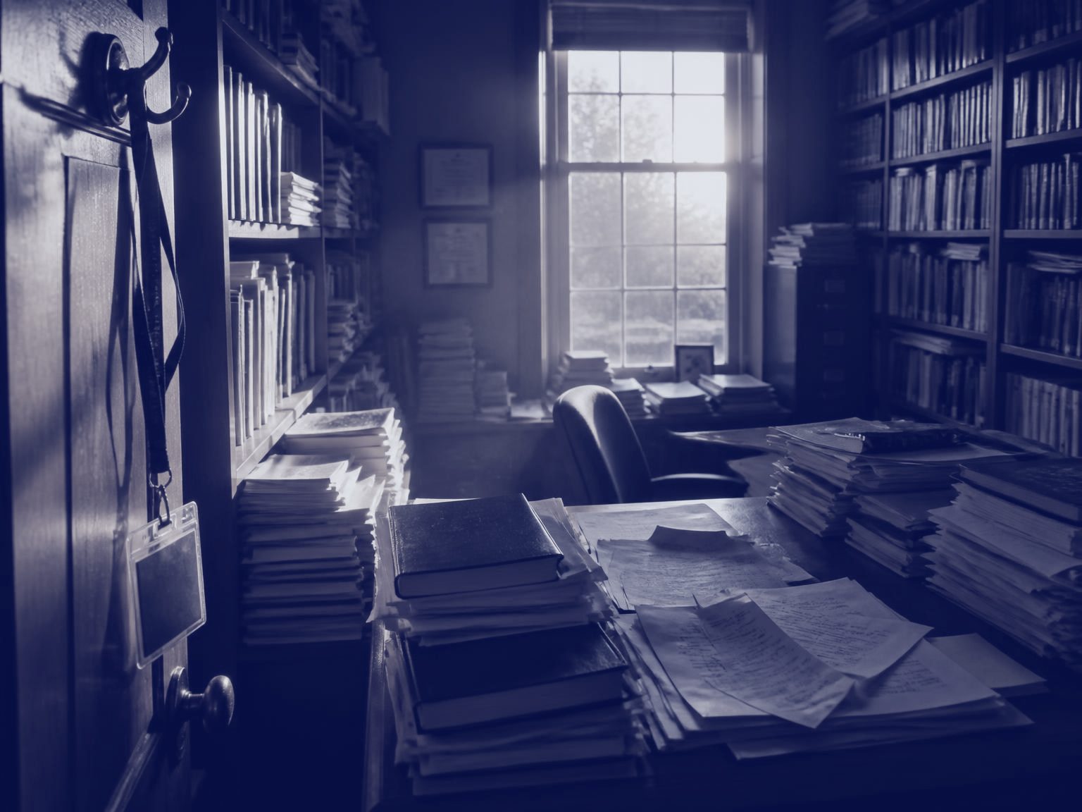 A professor's office: shelves of books, a desk covered in papers, a conference lanyard hanging by the door