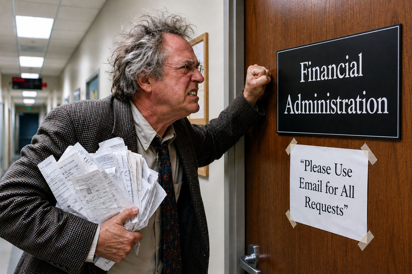 A professor clutching a stack of receipts, pounding on the Financial Administration door