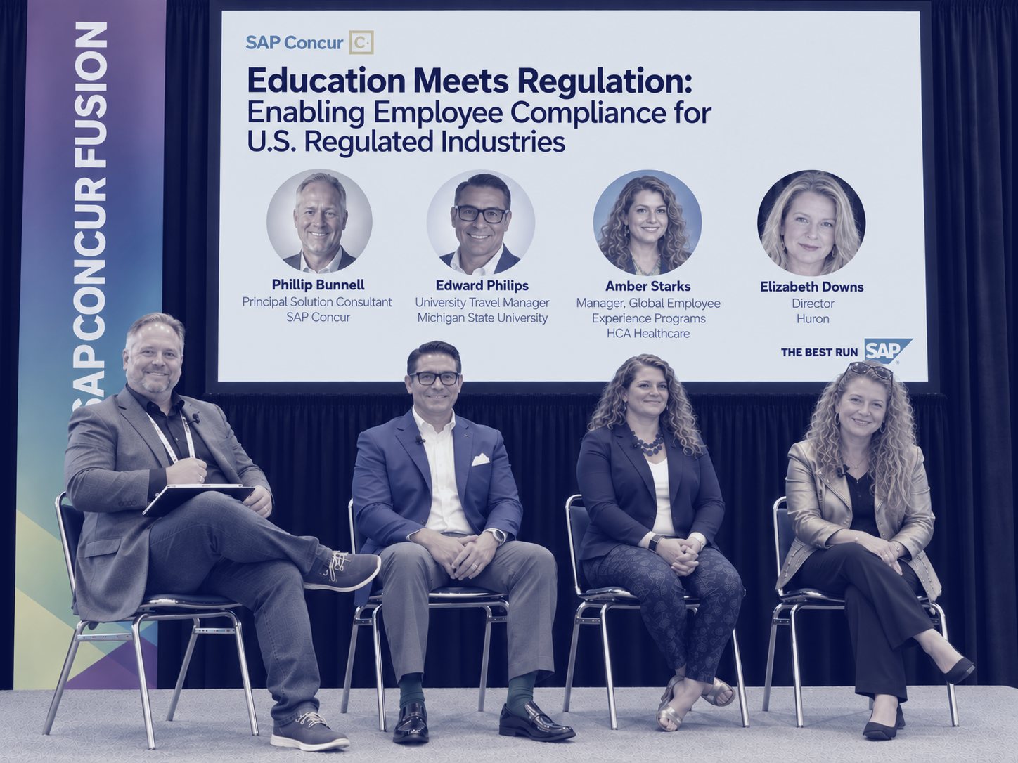 Elizabeth Downs on a panel at SAP Concur Fusion 2023, Education Meets Regulation